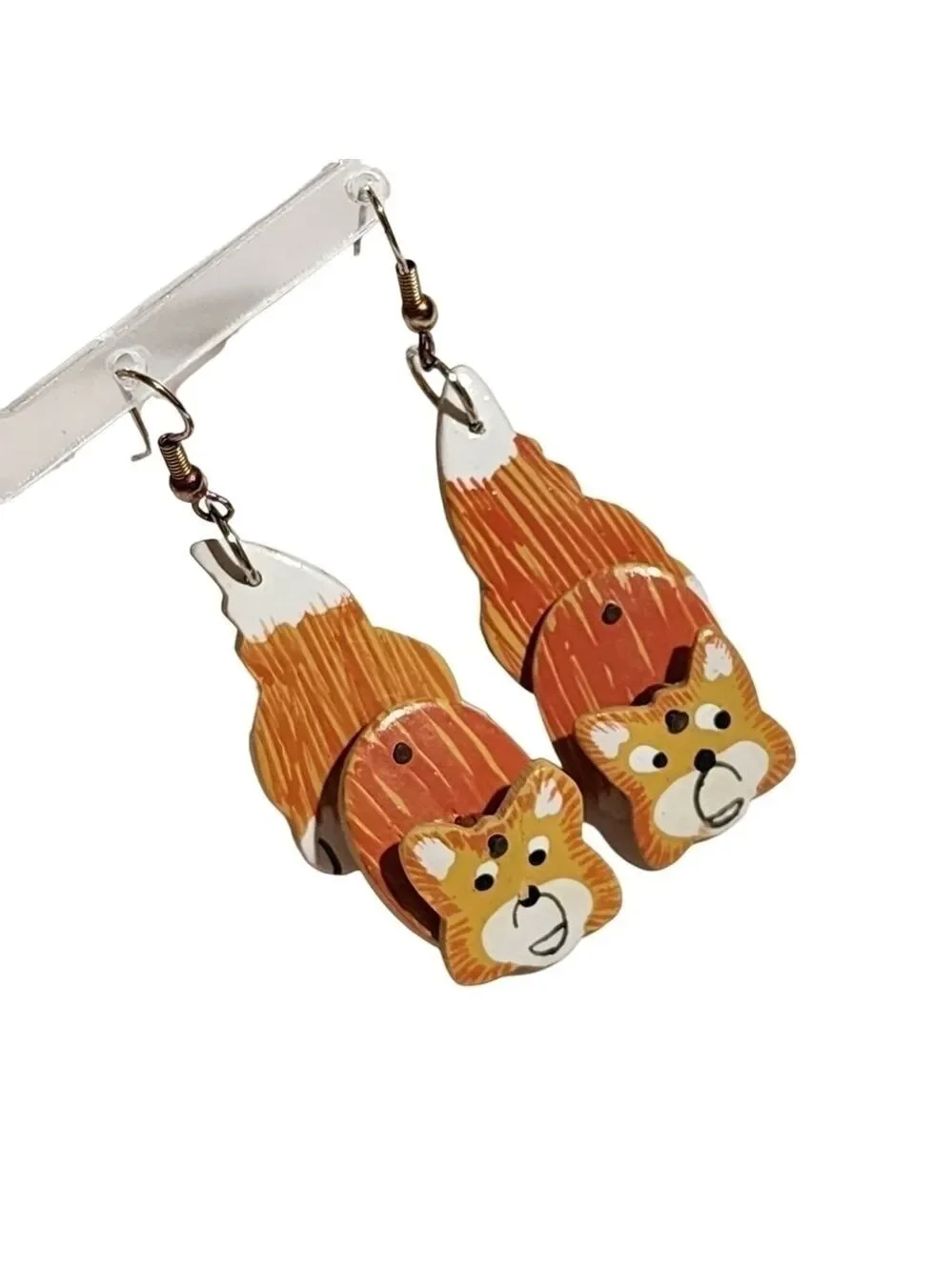 Vtg Handmade painted wood articulated dangle Cat or Fox earrings pierced